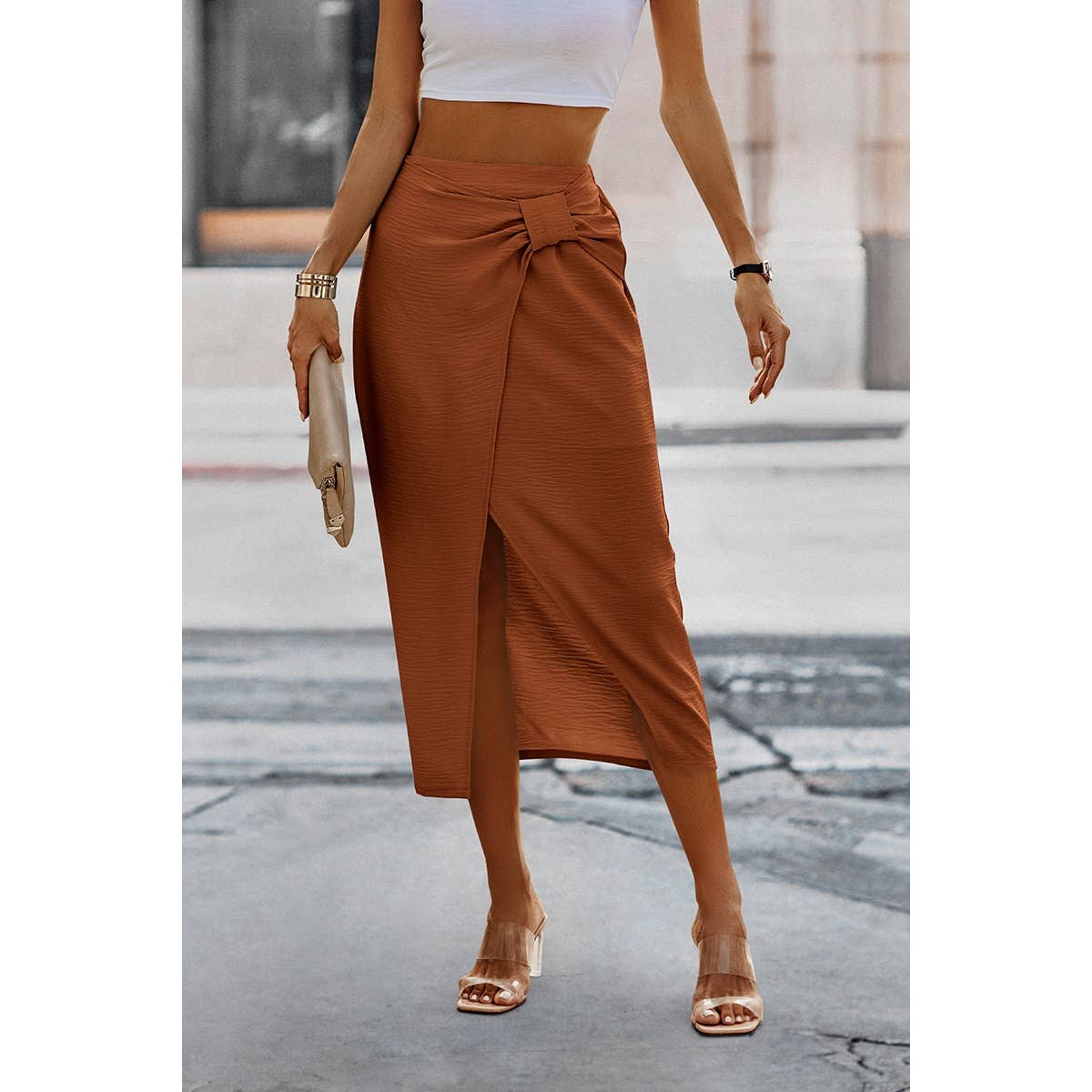 Solid Wrap Cross Self Belt Skirt - MVTFASHION.COM