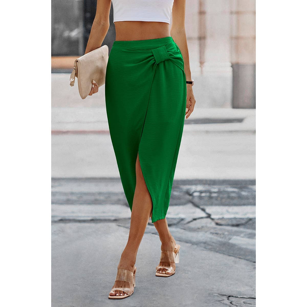 Solid Wrap Cross Self Belt Skirt - MVTFASHION.COM