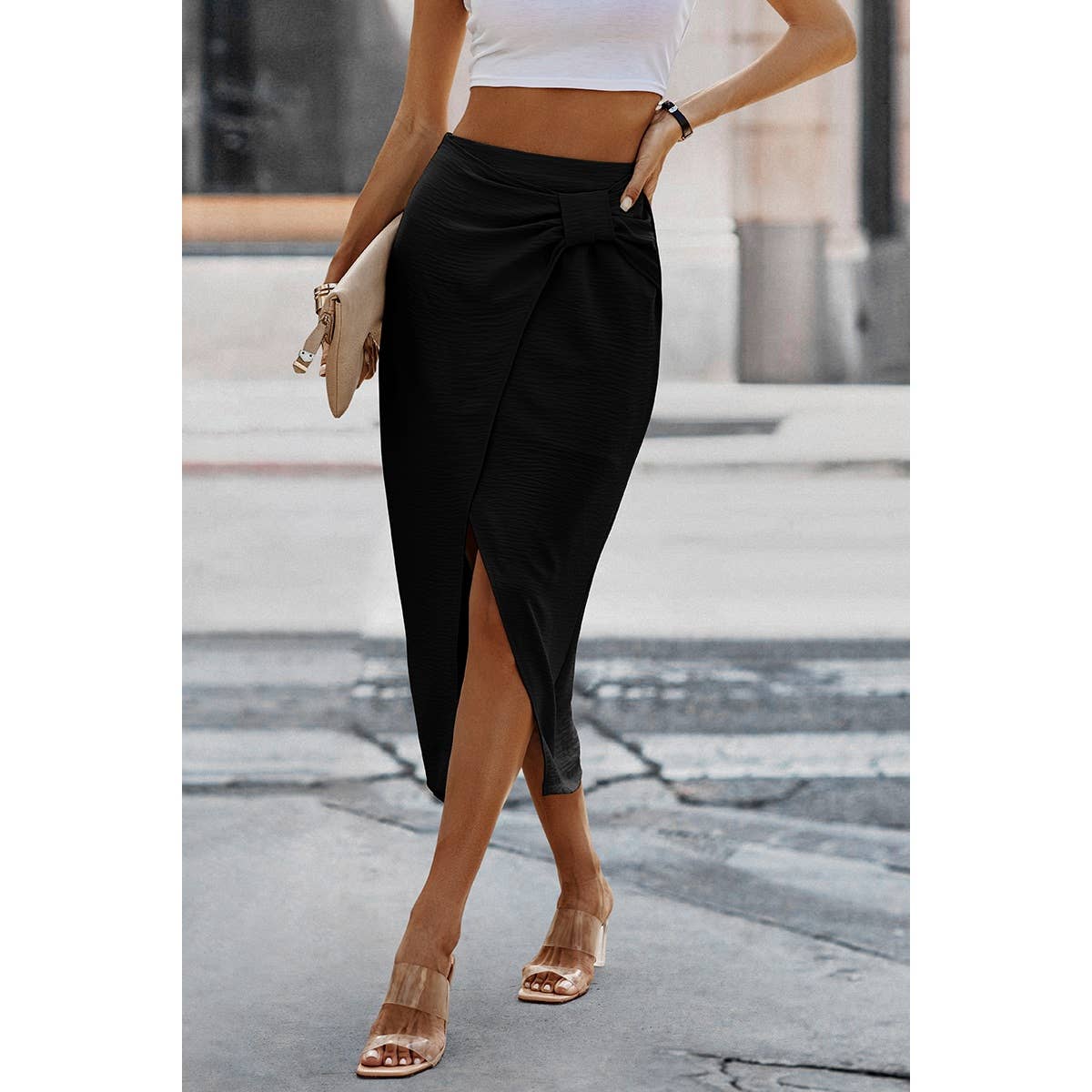 Solid Wrap Cross Self Belt Skirt - MVTFASHION.COM