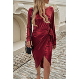 Solid Wrap Knot Cross Tied Boat Neck Dress - MVTFASHION.COM