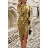 Solid Wrap Knot Cross Tied Boat Neck Dress - MVTFASHION.COM