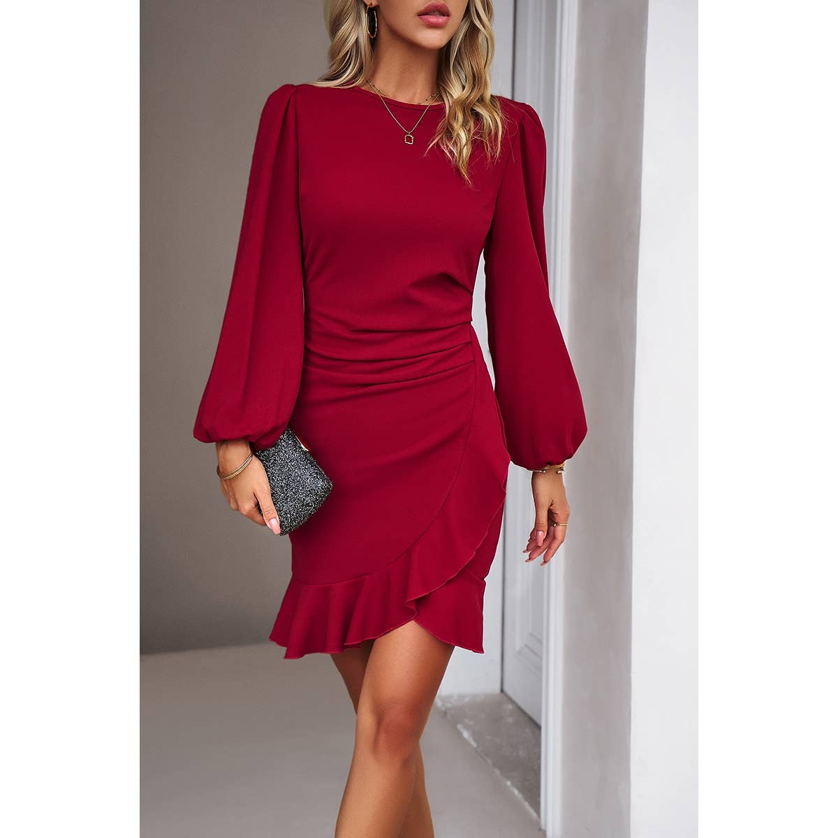 Solid Wrap Ruched Hem Ruffle Fit Puff Sleeve Dress - MVTFASHION.COM