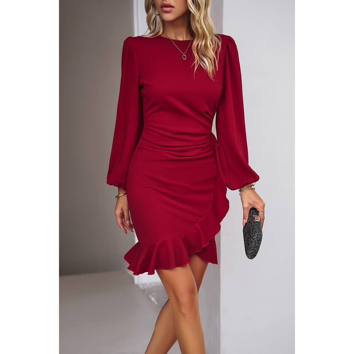 Solid Wrap Ruched Hem Ruffle Fit Puff Sleeve Dress - MVTFASHION.COM