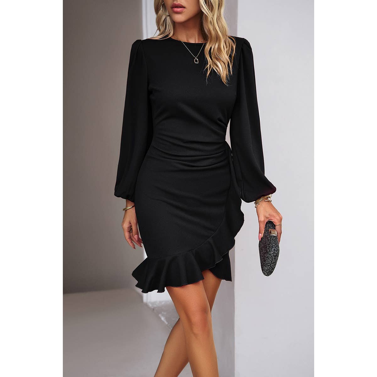 Solid Wrap Ruched Hem Ruffle Fit Puff Sleeve Dress - MVTFASHION.COM