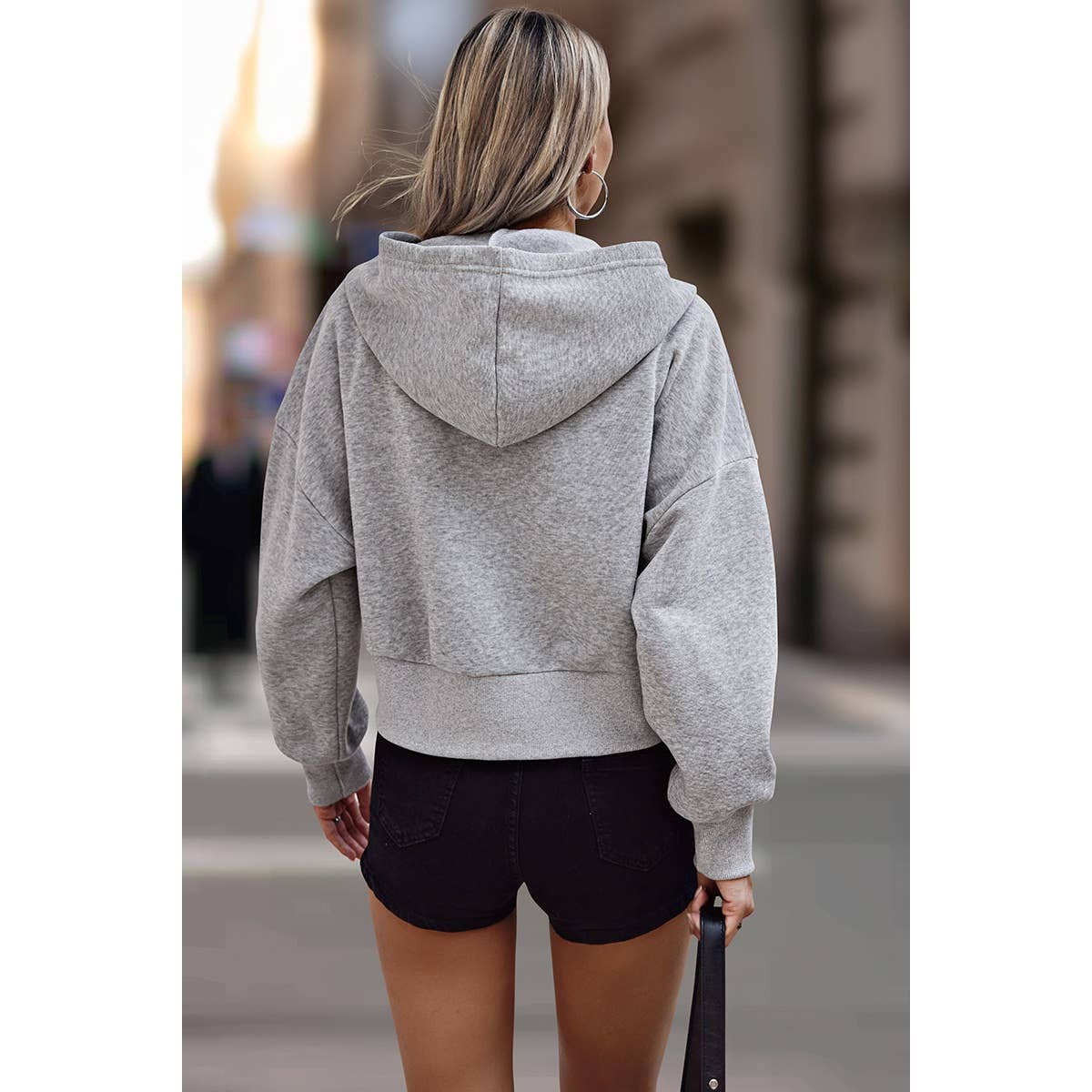 Solid Zipper Dropped Shoulder High Waist Hoodie - MVTFASHION.COM