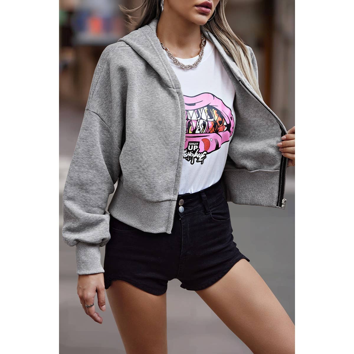 Solid Zipper Dropped Shoulder High Waist Hoodie - MVTFASHION.COM