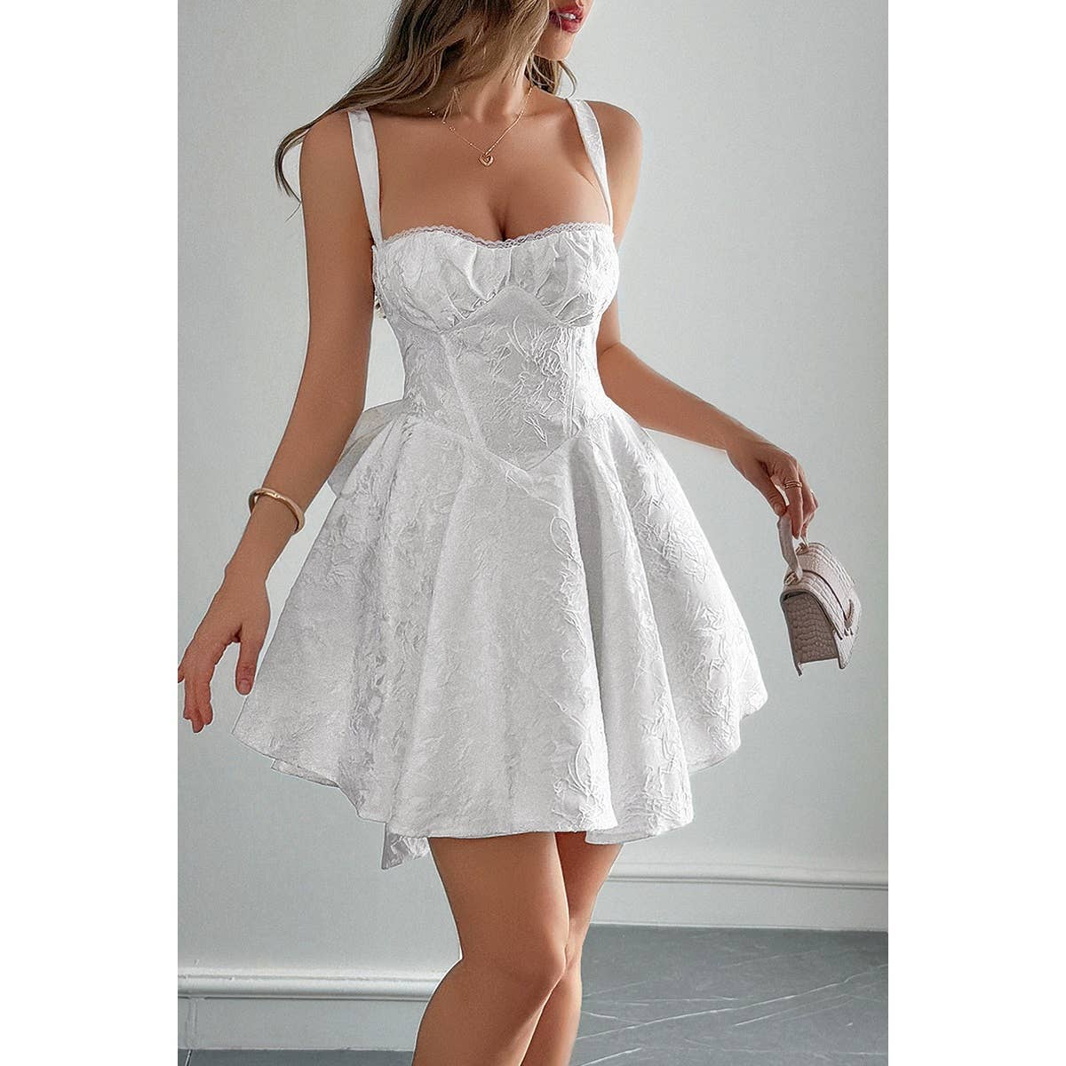 Spaghetti Strap Lace Trim Jacquard Sleeveless Dress - MVTFASHION.COM