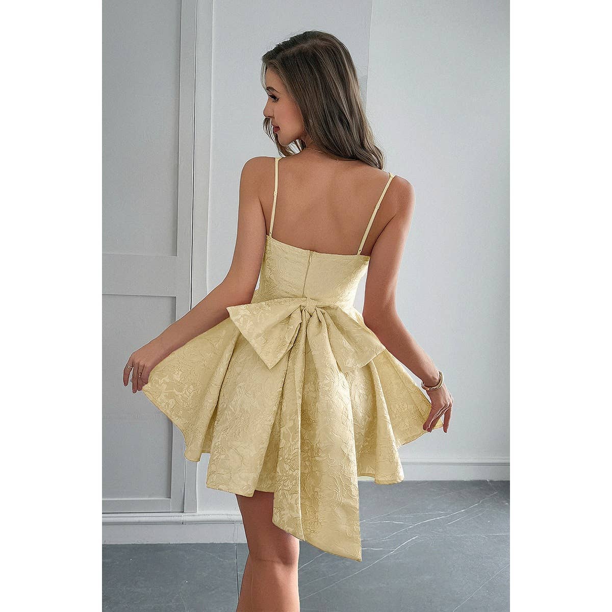 Spaghetti Strap Lace Trim Jacquard Sleeveless Dress - MVTFASHION.COM