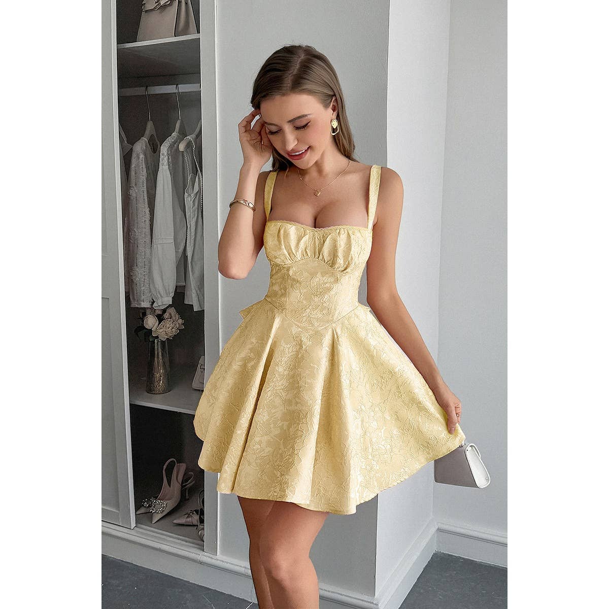 Spaghetti Strap Lace Trim Jacquard Sleeveless Dress - MVTFASHION.COM