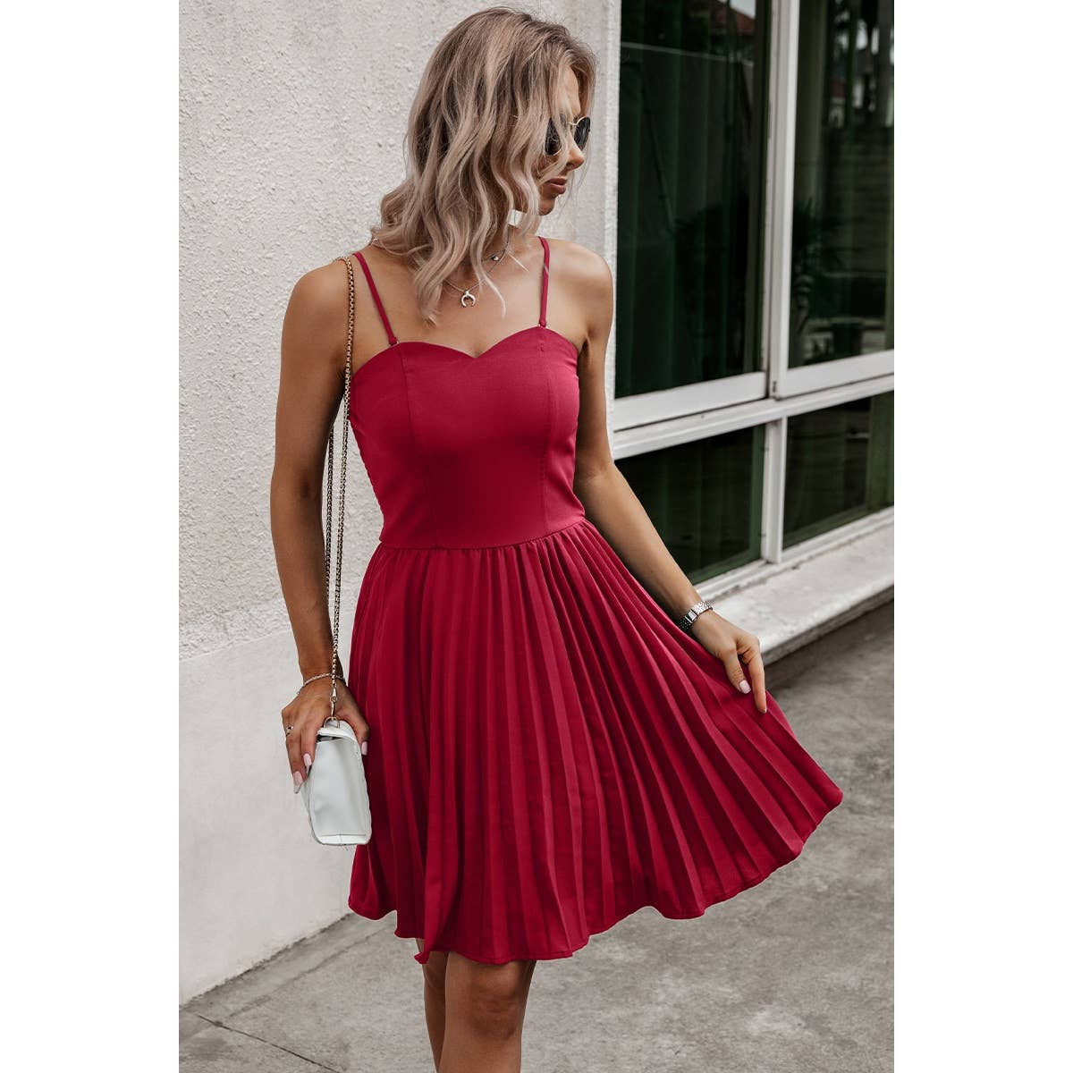 Spaghetti Strap Smocked Pleated Short Dress - MVTFASHION.COM