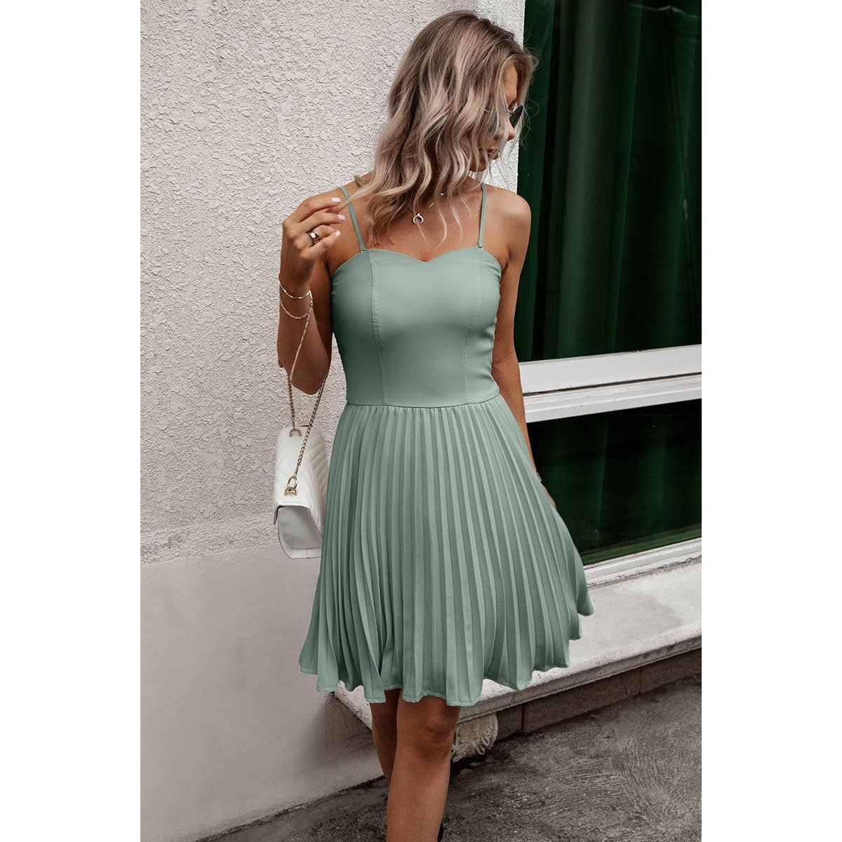 Spaghetti Strap Smocked Pleated Short Dress - MVTFASHION.COM