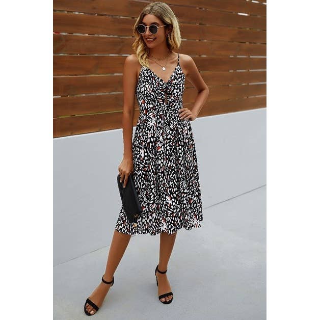 Spaghetti Strap V Neck Print Dress - MVTFASHION.COM