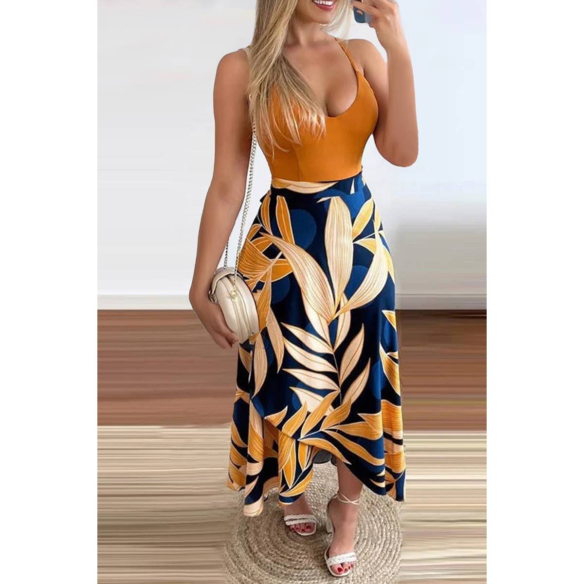 Spaghetti Tropical Cross Wrap Sleeveless Dress - MVTFASHION.COM