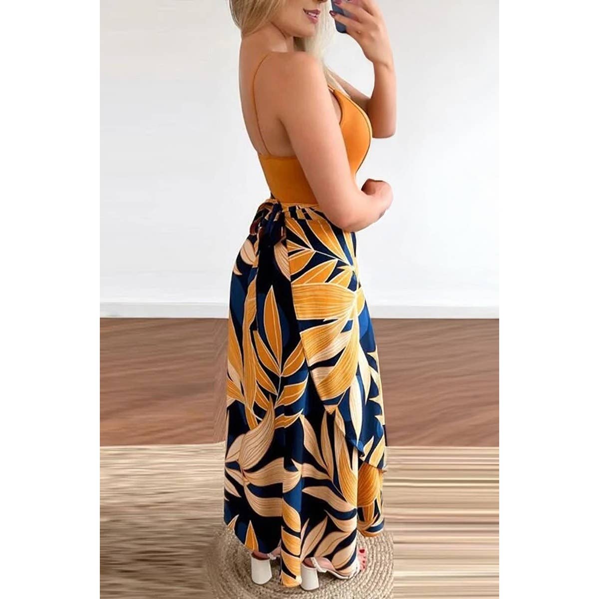 Spaghetti Tropical Cross Wrap Sleeveless Dress - MVTFASHION.COM