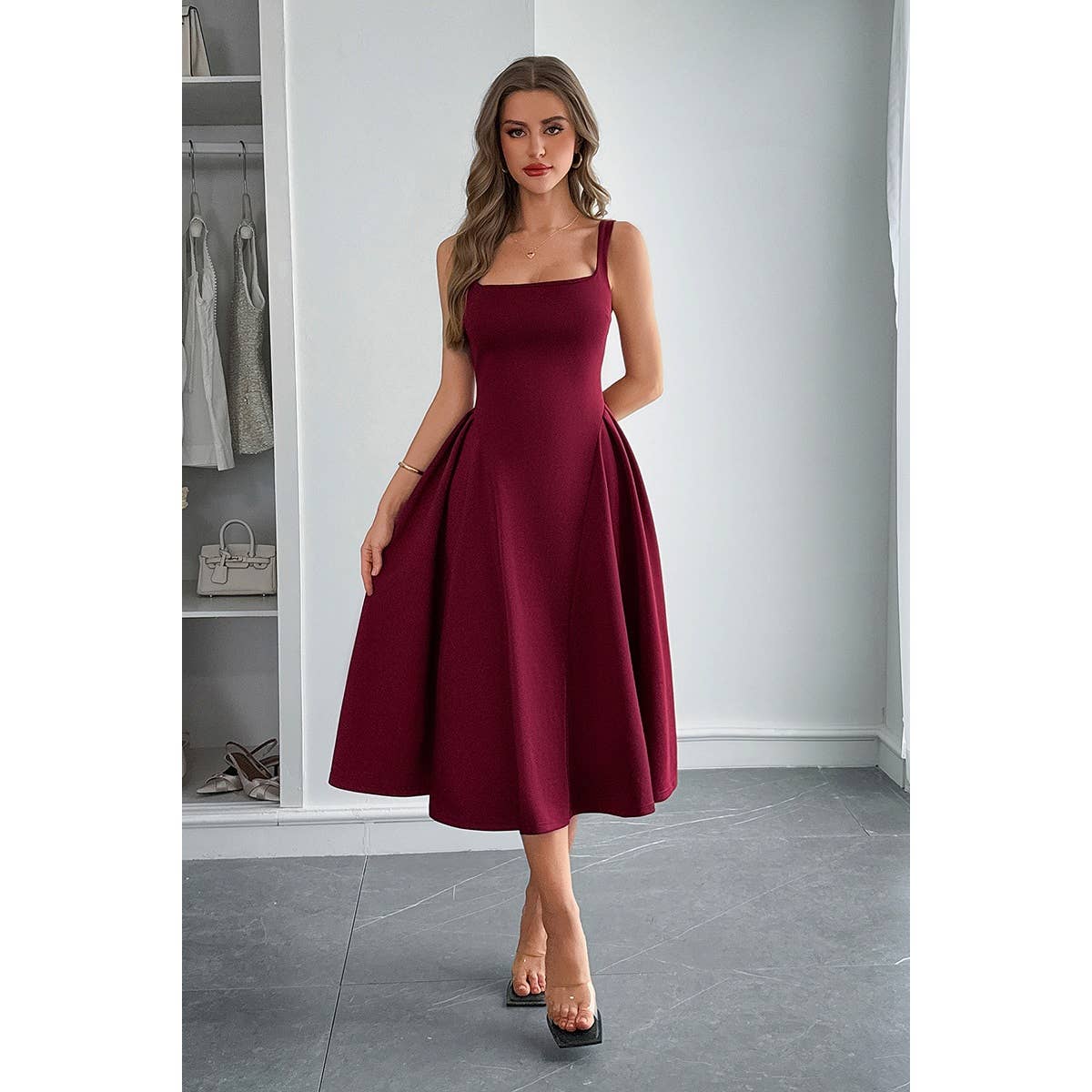 Square Neck A Line Pleated Sleeveless Long Dress - MVTFASHION.COM