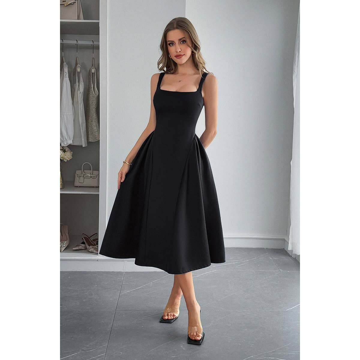 Square Neck A Line Pleated Sleeveless Long Dress - MVTFASHION.COM