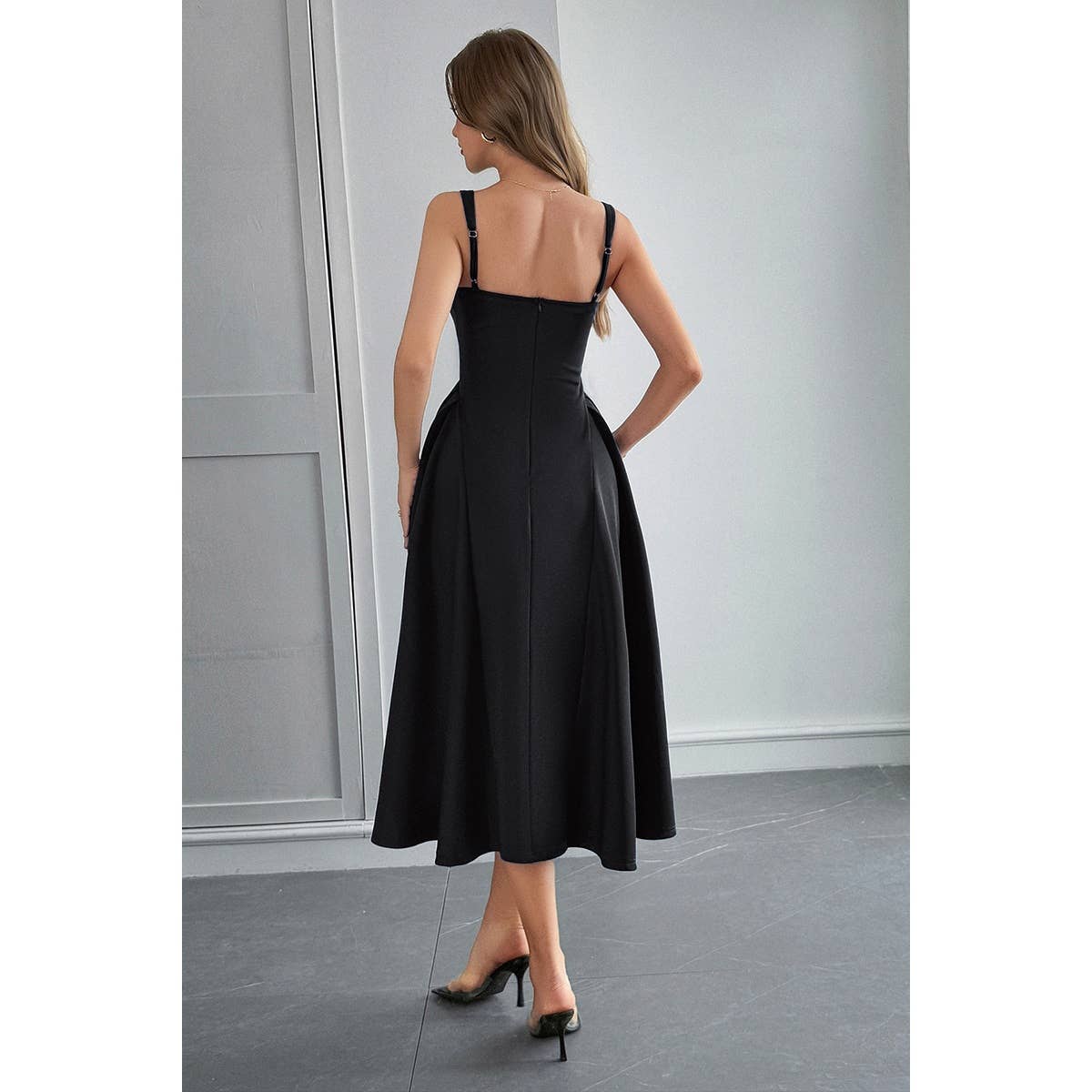 Square Neck A Line Pleated Sleeveless Long Dress - MVTFASHION.COM