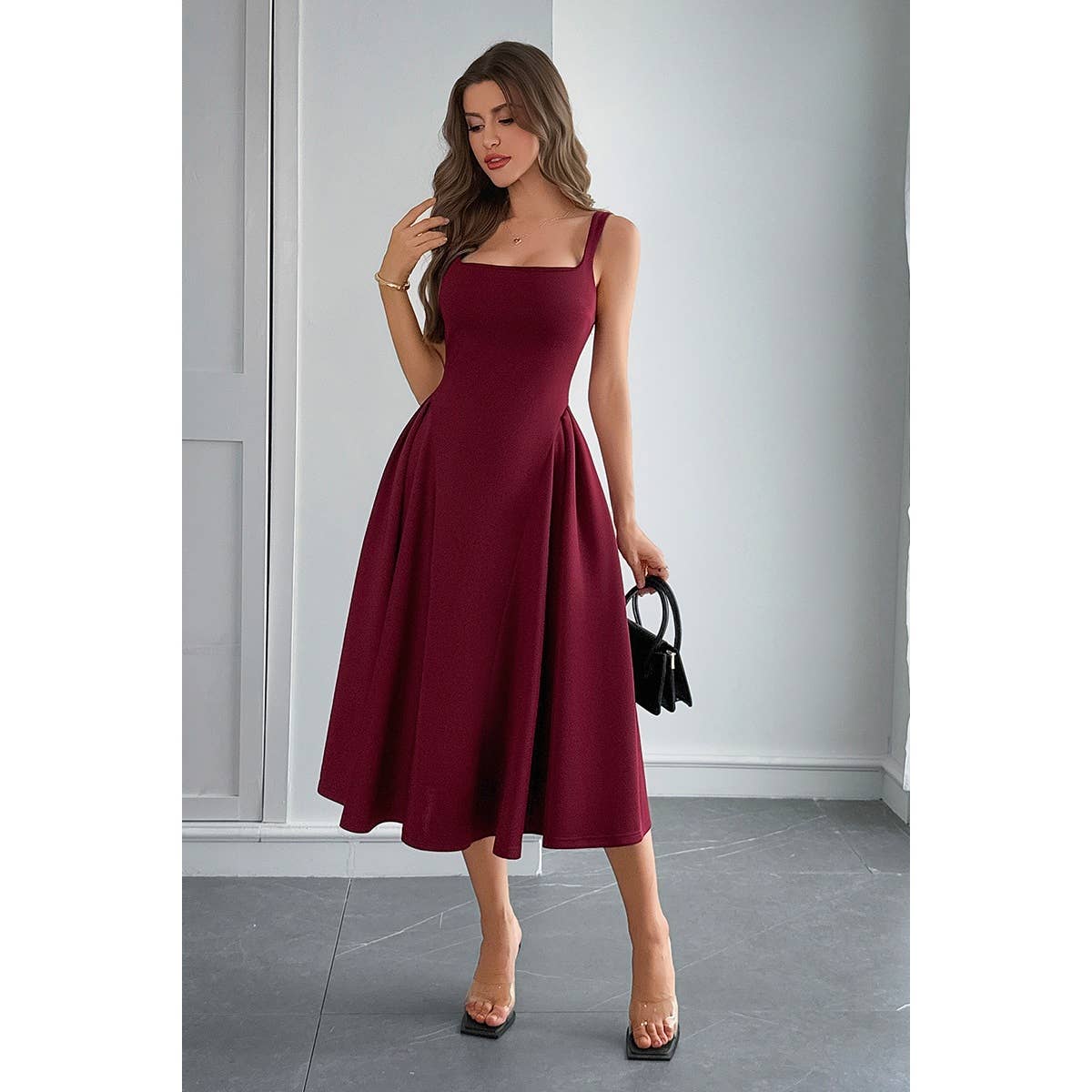Square Neck A Line Pleated Sleeveless Long Dress - MVTFASHION.COM