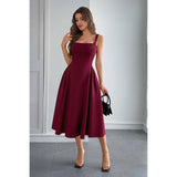 Square Neck A Line Pleated Sleeveless Long Dress - MVTFASHION.COM