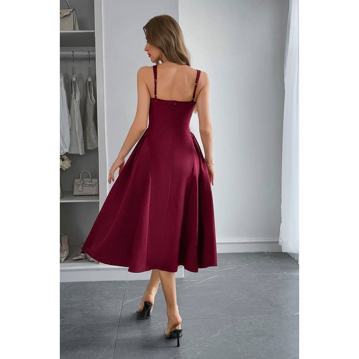 Square Neck A Line Pleated Sleeveless Long Dress - MVTFASHION.COM