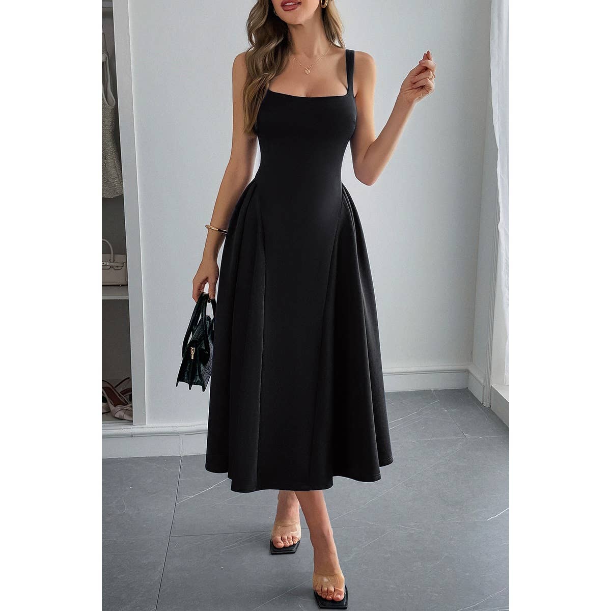 Square Neck A Line Pleated Sleeveless Long Dress - MVTFASHION.COM