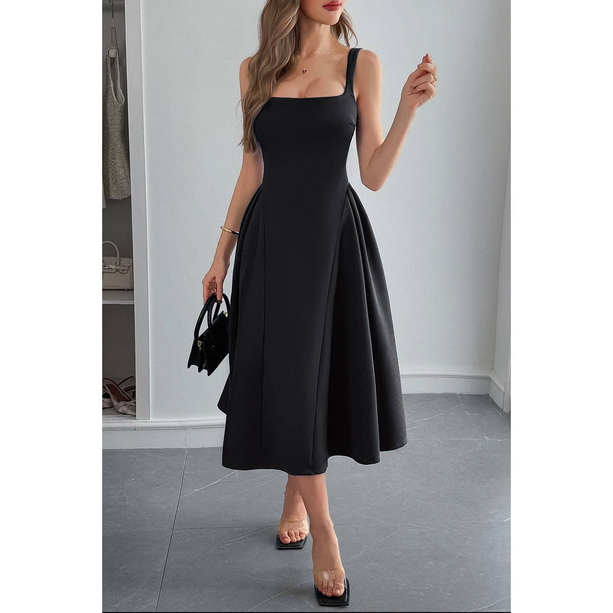 Square Neck A Line Pleated Sleeveless Long Dress - MVTFASHION.COM