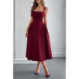 Square Neck A Line Pleated Sleeveless Long Dress - MVTFASHION.COM