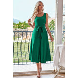 Square Neck Belt Side Open Sleeveless Dress - MVTFASHION.COM