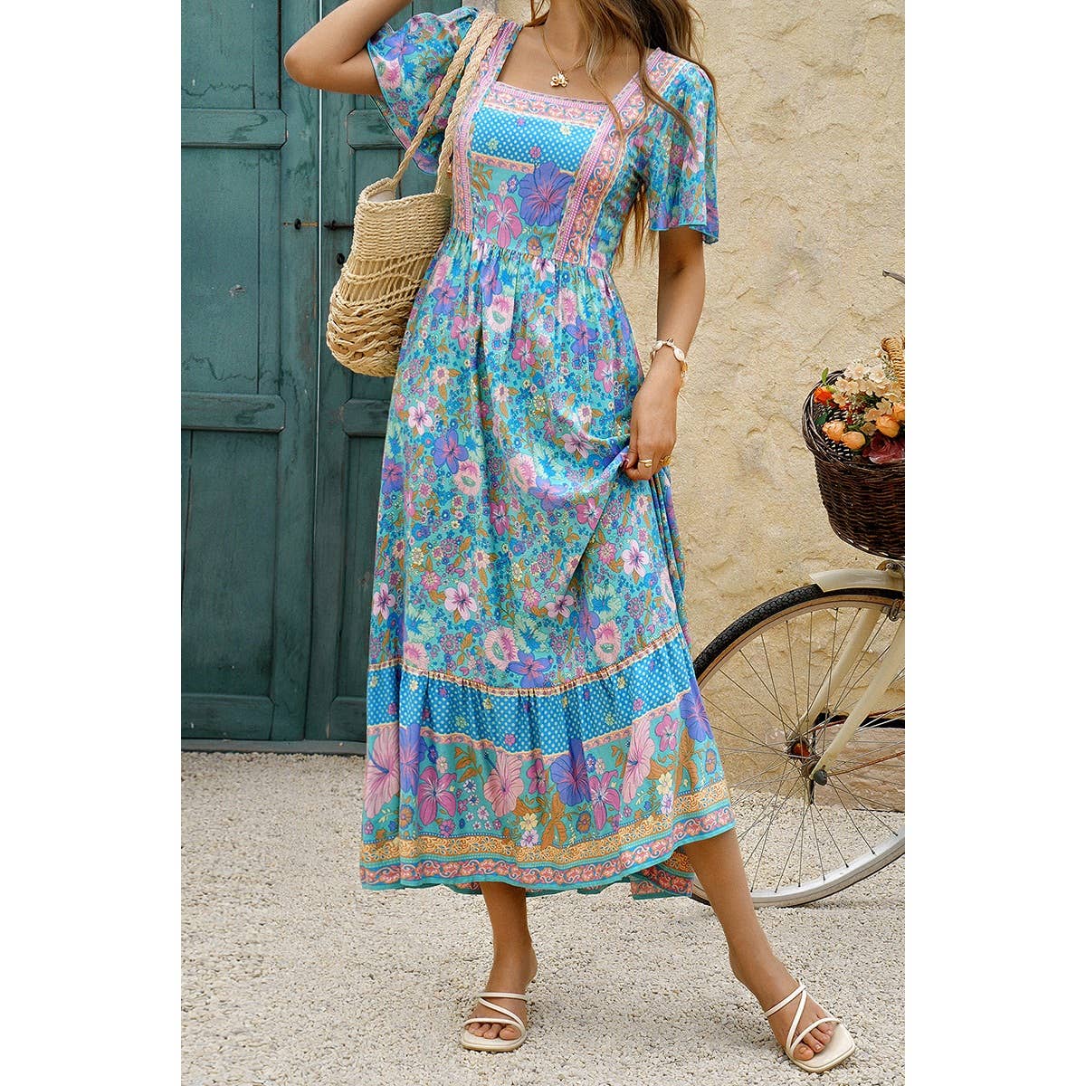 Square Neck Boho Floral A Line Fit Dress - MVTFASHION.COM