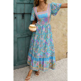 Square Neck Boho Floral A Line Fit Dress - MVTFASHION.COM