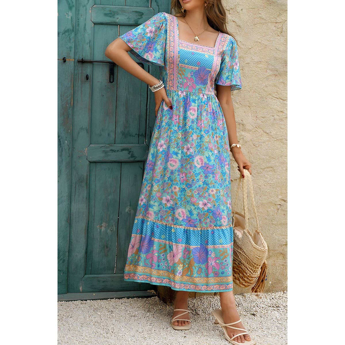Square Neck Boho Floral A Line Fit Dress - MVTFASHION.COM