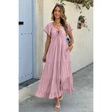 Square Neck Cross Knot Pockets Ruffle Hem Dress - MVTFASHION.COM