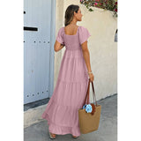 Square Neck Cross Knot Pockets Ruffle Hem Dress - MVTFASHION.COM