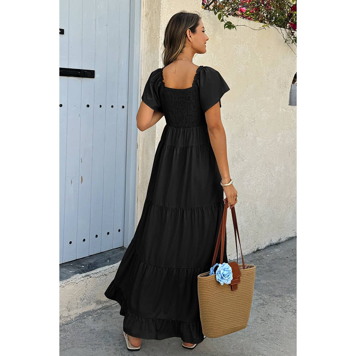 Square Neck Cross Knot Pockets Ruffle Hem Dress - MVTFASHION.COM