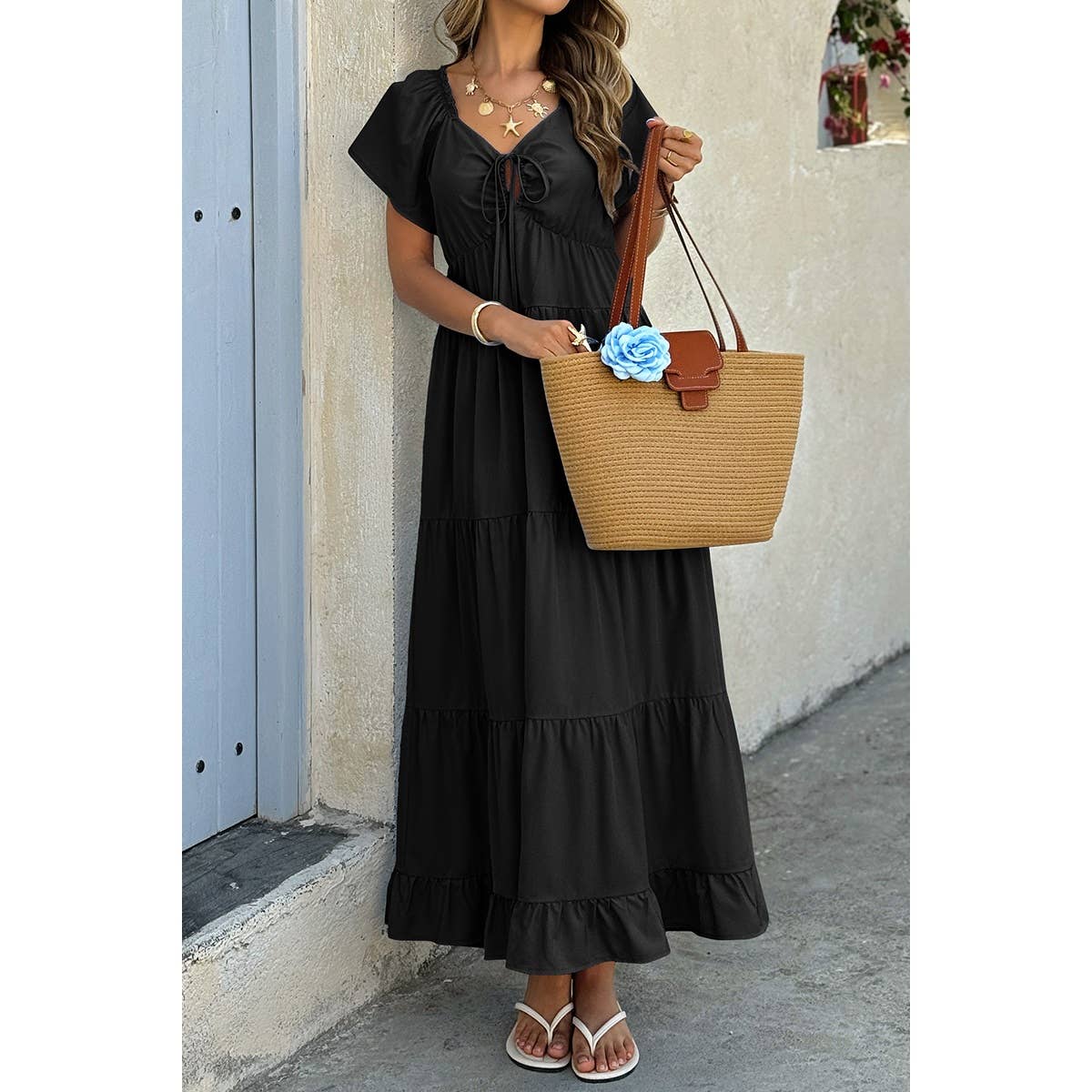 Square Neck Cross Knot Pockets Ruffle Hem Dress - MVTFASHION.COM