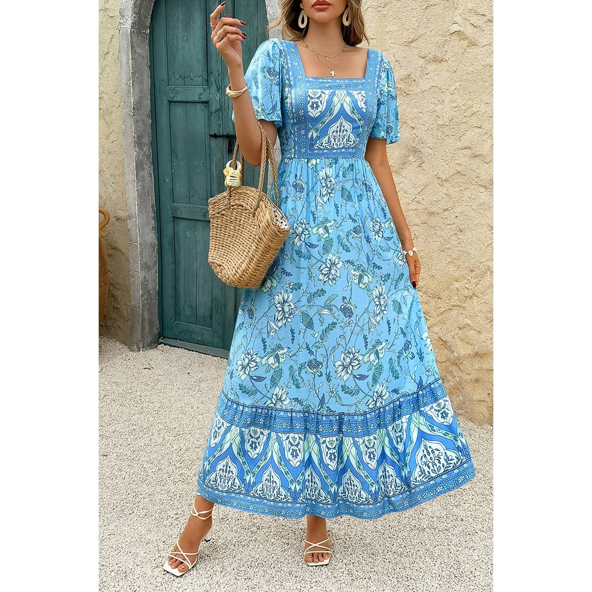 Square Neck Floral A Line Fit Full Dress - MVTFASHION.COM