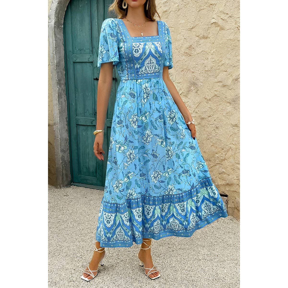 Square Neck Floral A Line Fit Full Dress - MVTFASHION.COM