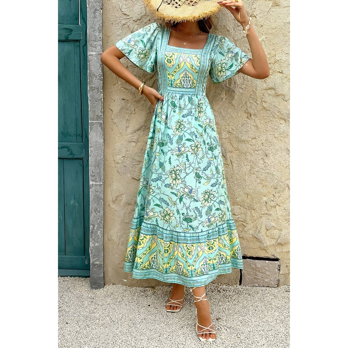 Square Neck Floral A Line Fit Full Dress - MVTFASHION.COM