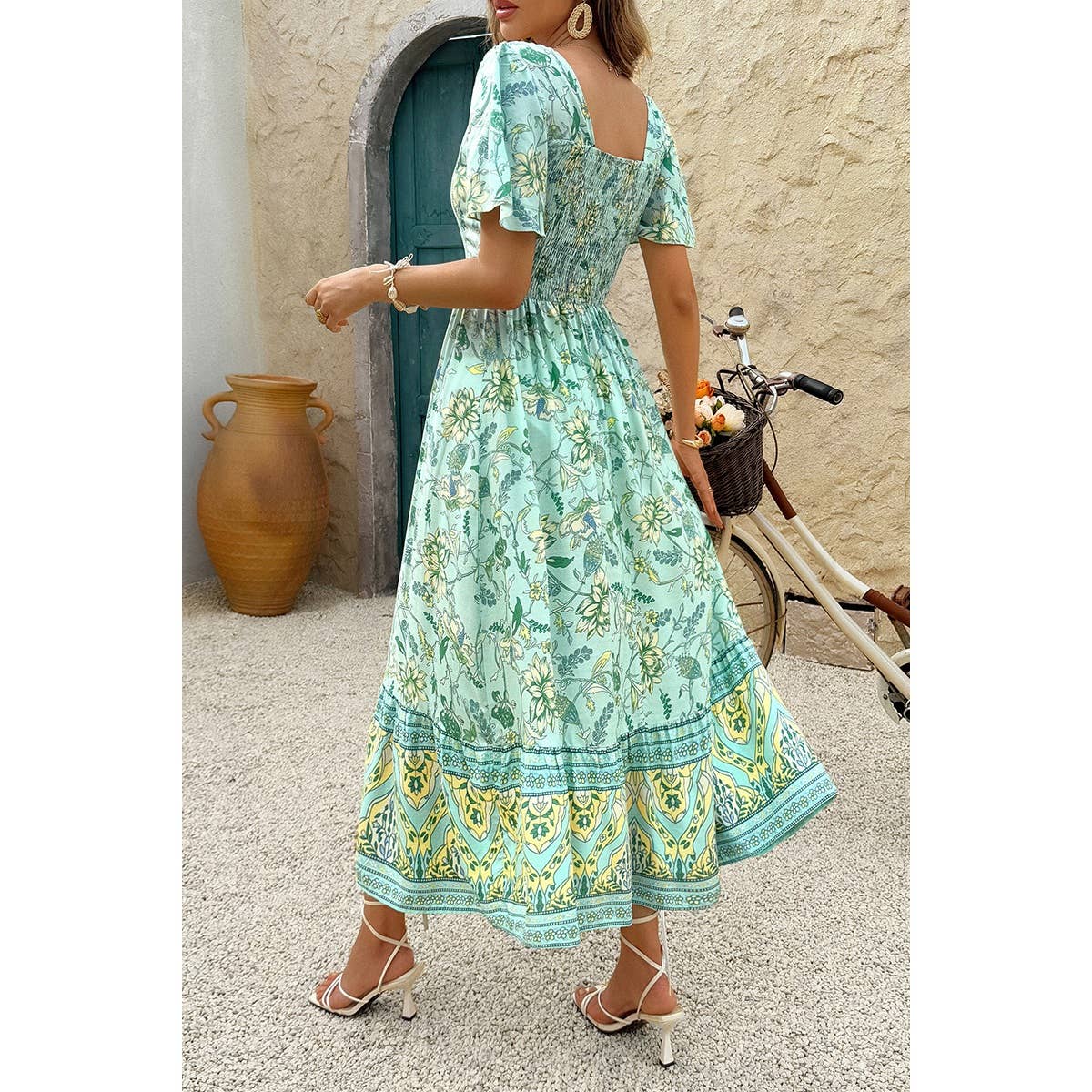 Square Neck Floral A Line Fit Full Dress - MVTFASHION.COM