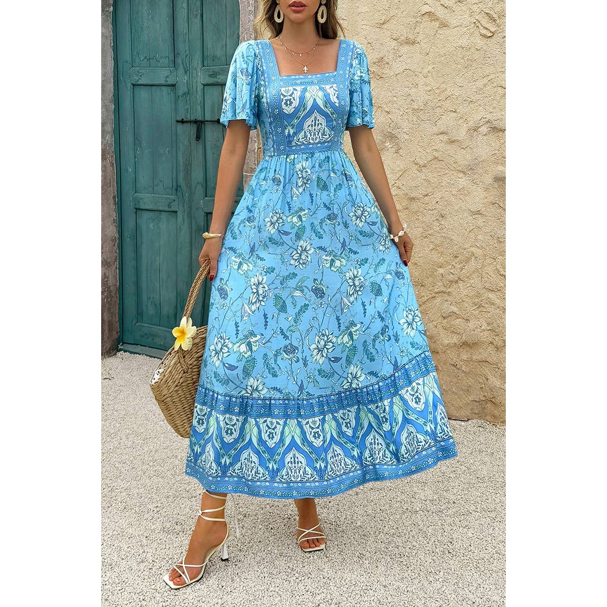 Square Neck Floral A Line Fit Full Dress - MVTFASHION.COM