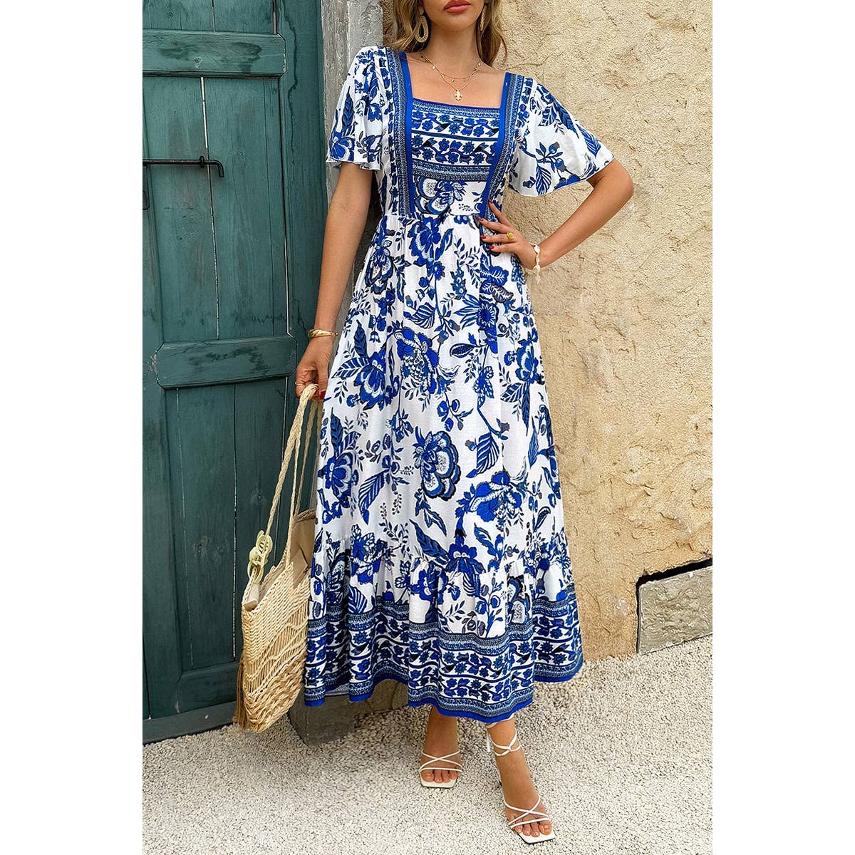 Square Neck Floral Printed Ankle Length A Line Dress - MVTFASHION.COM