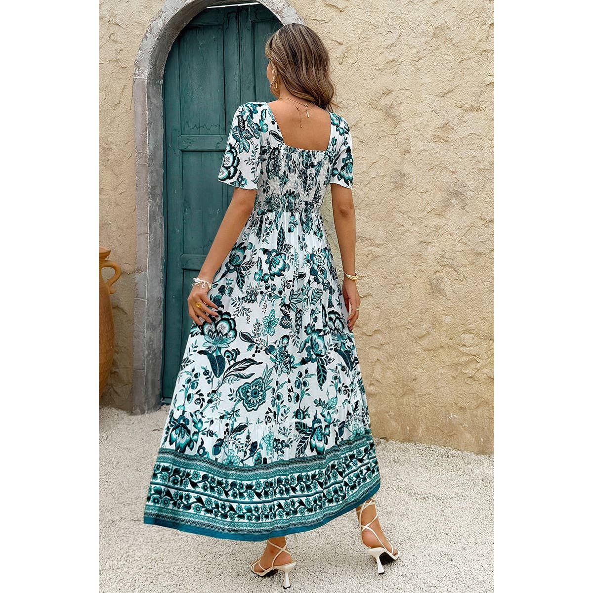 Square Neck Floral Printed Ankle Length A Line Dress - MVTFASHION.COM