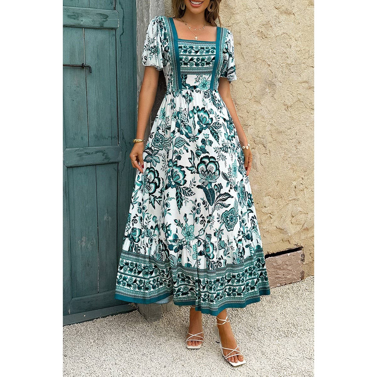 Square Neck Floral Printed Ankle Length A Line Dress - MVTFASHION.COM