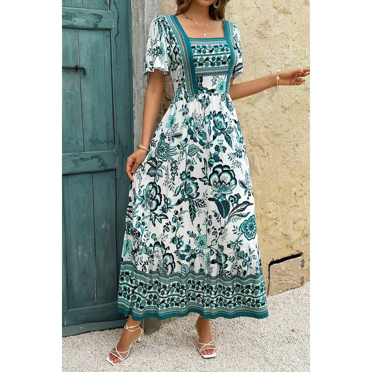 Square Neck Floral Printed Ankle Length A Line Dress - MVTFASHION.COM