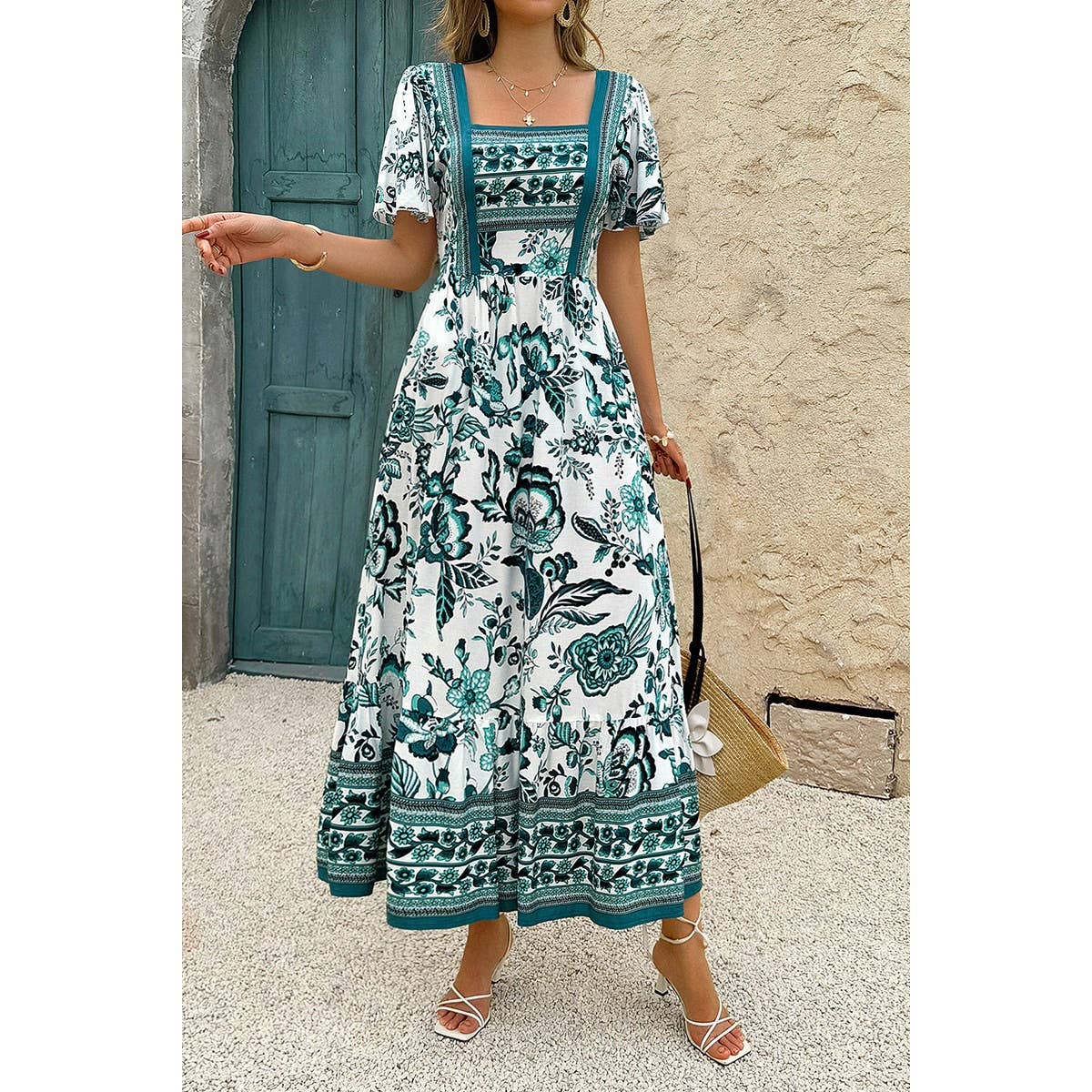Square Neck Floral Printed Ankle Length A Line Dress - MVTFASHION.COM