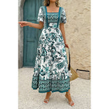 Square Neck Floral Printed Ankle Length A Line Dress - MVTFASHION.COM