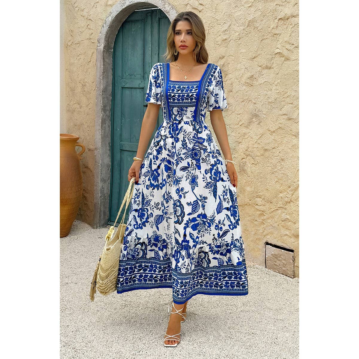 Square Neck Floral Printed Ankle Length A Line Dress - MVTFASHION.COM