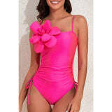 Square Neck Floral Trim Ruched Solid Swimsuit - MVTFASHION.COM