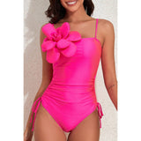 Square Neck Floral Trim Ruched Solid Swimsuit - MVTFASHION.COM