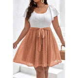 Square Neck Hollow Out Lined Lace Belt Short Dress - MVTFASHION.COM